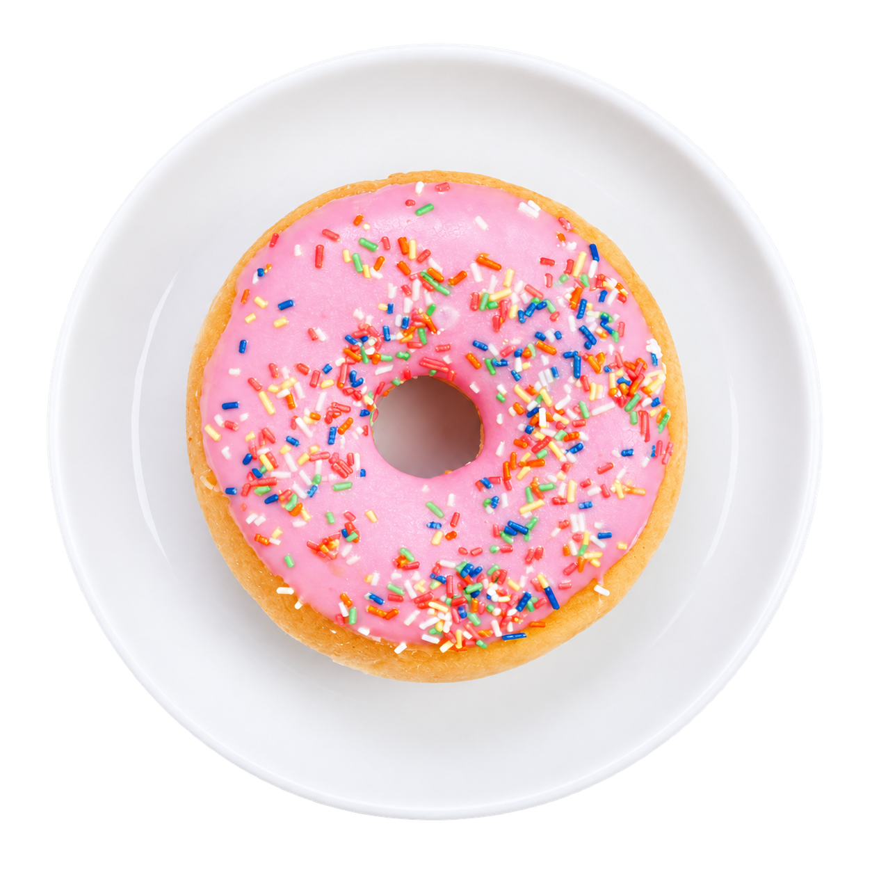 Pink doughnut on a white plate
